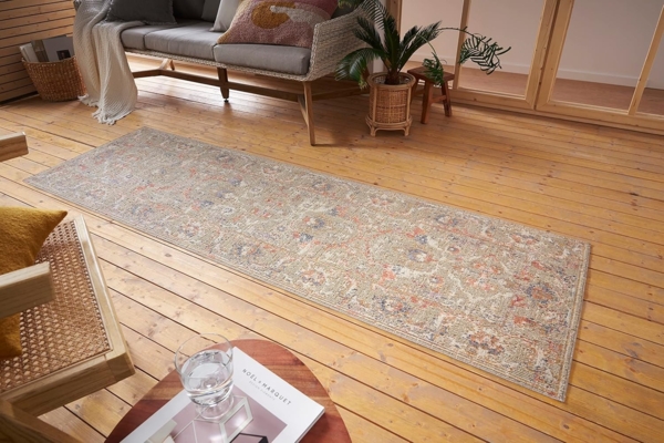 Nouristan Port Said In- & Outdoor Teppich Orientalisch – Flachgewebe Orient Muster Vintage Used Look Waschbar Wetterfest & UV-beständig für Balkon, Terrasse, Garten, Wohnzimmer – Creme Rot, 75x200 cm