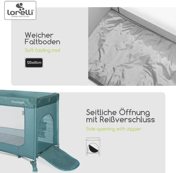 Lorelli Baby Reisebett Laufstall Moonlight seitliche Öffnung Tragetasche faltbar grün Bild 3