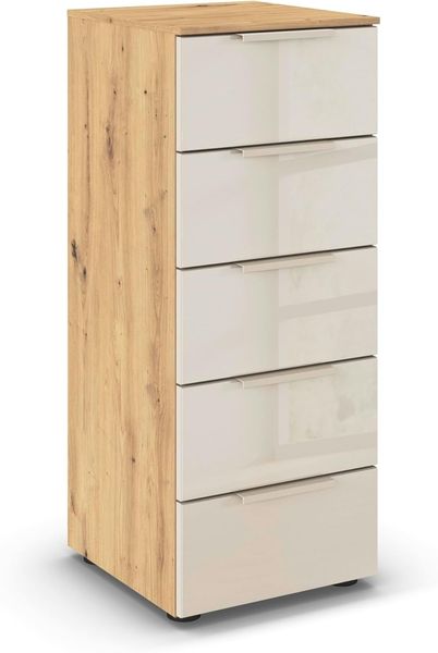Rauch Möbel Flipp, Kommode für Schlafzimmer, Kinderzimmer, Wohnzimmer, Jugendzimmer, Flur, Garderobe, 5 Schubladen, mit Softclose Funktion, Farbe Eiche Artisan, Holz/Glas Beige, Breite 40 cm
