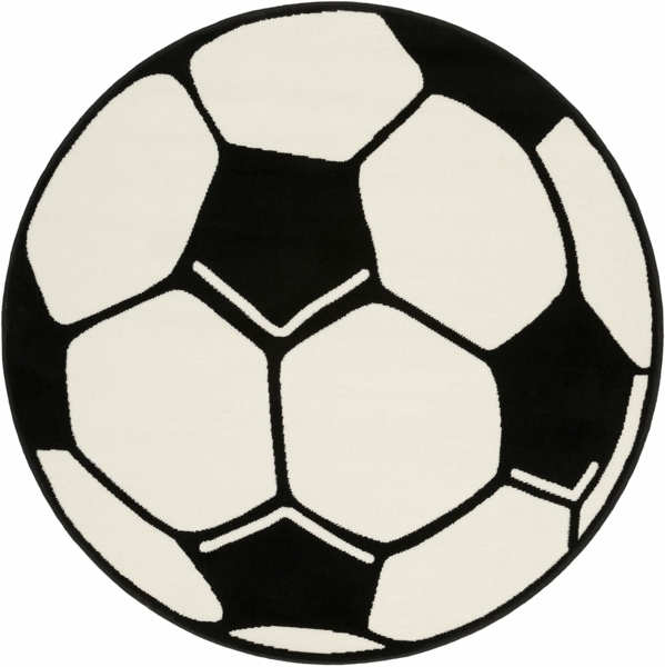 Kurzflor Kinderteppich Fußball, rund - weiß schwarz - 150x150x0,8cm