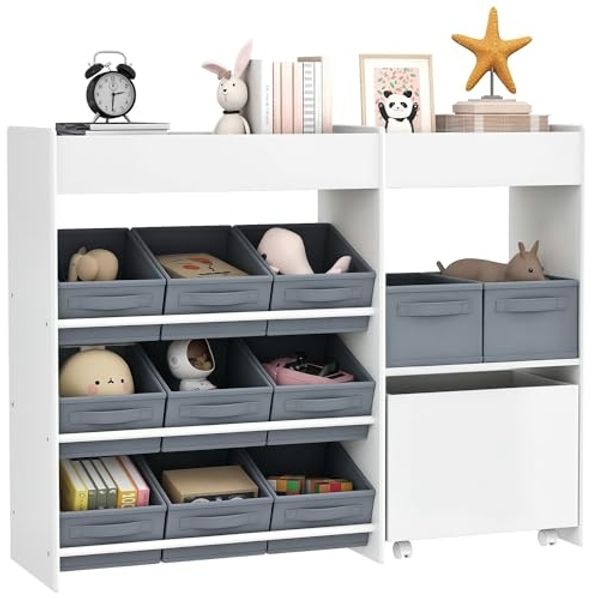 AIYAPLAY Spielzeugtruhe Spielzeugregal mit 11 Stoffboxen, oberen Fächern (Kinderregal, 1 St, Kinder Bücherregal), für Kinderzimmer, Kindergarten, 105 x 30 x 80 cm, Weiß