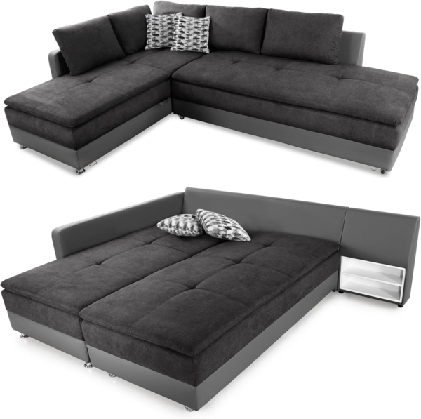 luma-home Ecksofa 15106, Dauerschläfer-Doppelbett 306x223 cm, Schwenkteil rechts, Bettkasten, Regal, Boxspring, Federkern, Wellenunterfederung, Topper, Mikrofaser Anthrazit/Kunstleder Grau