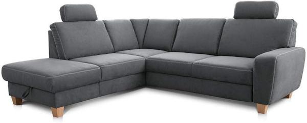 Cavadore Ecksofa Wisconsin mit Vorziehsitz / Eckcouch mit Federkern / Inkl. 2 Kopfstützen + Bettkasten / Landhausstil / Holzfüße in Buche / Mikrofaser / Größe: 248 x 88 x 218 cm (BxHxT) / Farbe: Grau