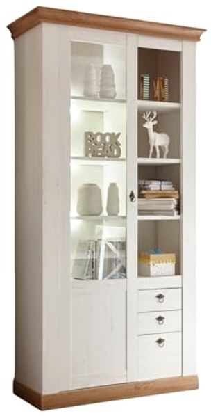 Vitrine Hemsby in weiß Pinie / Eiche Landhaus 102 x 204 cm