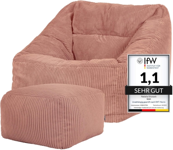 Icon Natalia Sitzsack Sessel mit Hocker für Erwachsene, Rosa, Flauschiger Cord Stoff, Riesen Sitzsack Samt mit Füllung, Bean Bag Chair, Bequemer Sessel Wohnzimmer, Lounge, Schlafzimmer, Büro