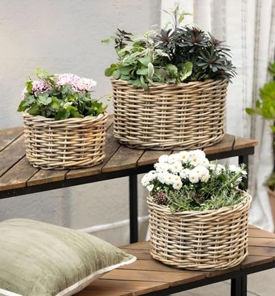 3x Pflanzkorb "Koboo Grey" aus Rattan, Ø 26, 32, 40 cm, Blumentopf, Pflanzkübel, Pflanztopf für Draußen, Blumenkübel