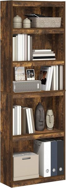 Furinno Jaya Bücherregal, 5-stufiges Bücherregal, Bookcase, mit verstellbaren Böden, 9.5 x 24.5 x 71.1, für Homeoffice, Wohnzimmer, Bernstein-Eiche, Amber Oak