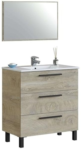 ARKITMOBEL, Waschbeckenunterschrank mit 3 Schubladen & Spiegel – Badezimmermodul mit Füßen in Eiche Alaska, modernes Badmöbel, Maße: 80 x 86 x 45 cm (B x H x T), Modell Athena (ohne Waschbecken)