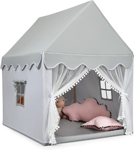 COSTWAY Prinzess Prinzessin Kinderzelt, Stoffzelt / Massivholzrahmen / Baumwolldecke grau, 120 x 105 x 140 cm