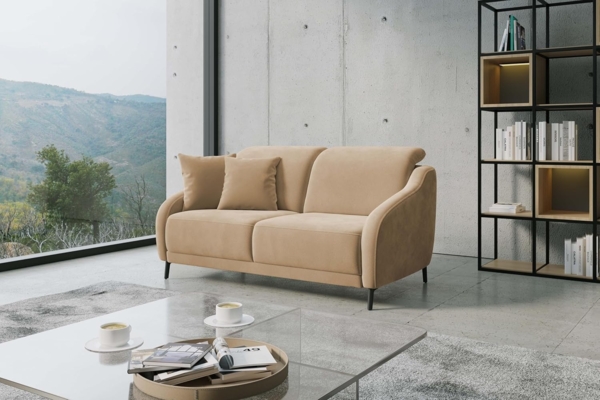 CAVADORE 3er-Sofa Blue, 3-Sitzer Couch im modernen Design mit motorischer TV-Funktion inkl. klapptisch, USB-Anschluss, Kopfteilverstellung, mattschwarzen Metallfüßen, Mikrofaser, Hellbraun Bild 2