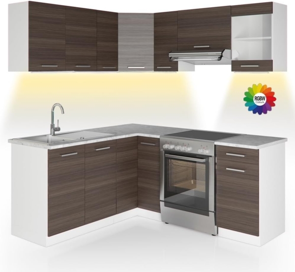 Eckküche Rick Edelgrau/Weiß 187 x 60 cm , AP Marmor mit LED-Leisten Vicco