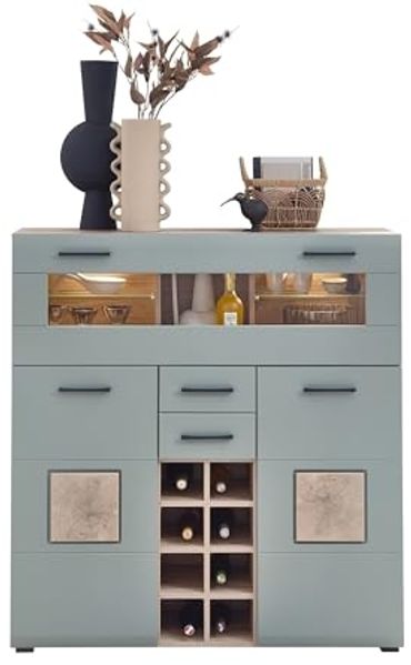 Barschrank >Kathlin< Barfach, Stauraum, LED, schilfgrün / Eiche Dekor - 120x129x37 (BxHxT)