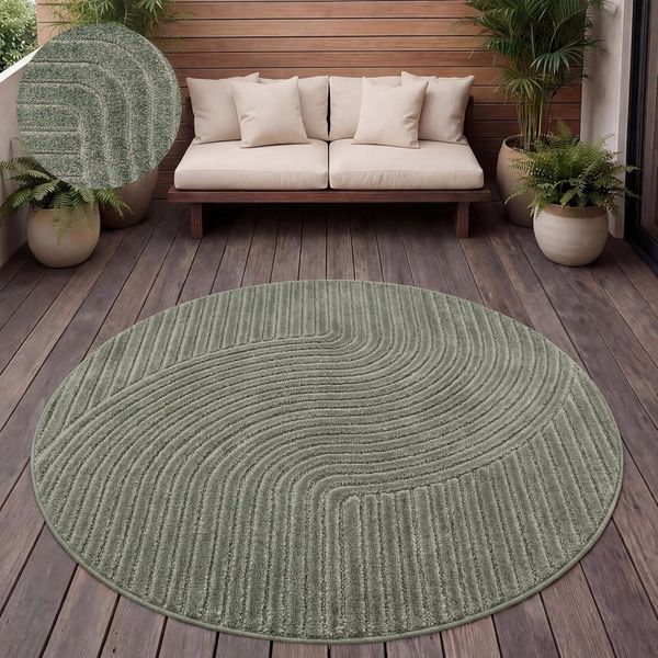 Paco Home Teppich In- & Outdoor, Moderne abstrakte Boho Designs mit 3D Struktur, robust & wetterfest, ideal für Terrasse Wohnzimmer & Küche, Grösse:160 cm Rund, Farbe:Grün