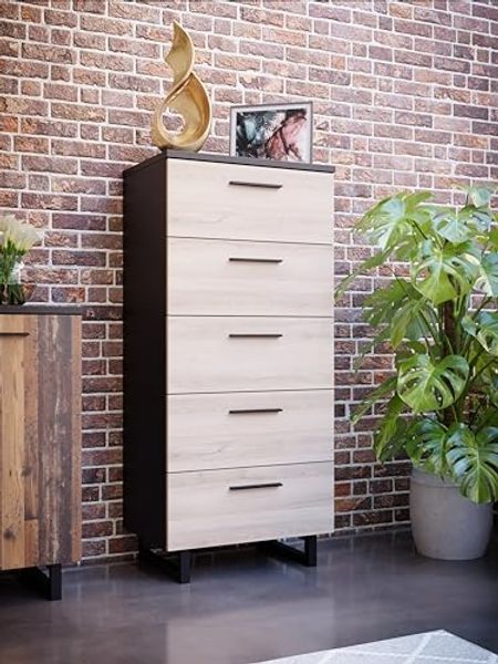 Forte SIRIUS CROWN Kommode mit 5 Schubladen, Holzwerkstoff, Schwarz Eiche/Comano Plum, B x H x T: 60,4 x 109,5 x 41,3 cm