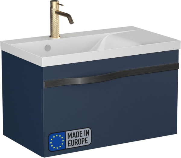 BADEDU FILS Waschbecken mit Unterschrank 69 cm breit, Blau, Waschbecken Gussmarmor Weiß, Griff Schwarz