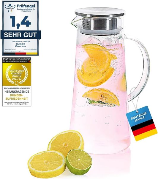 Dimono Wasserkaraffe Dimono Wasserkaraffe 1,5L – Glas Wasserkrug mit Edelstahlfilter, (1,5 Liter, Glas-Krug), Getränkekaraffe für heißes & kaltes Wasser