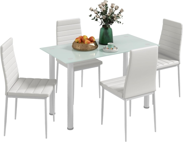 HOMCOM Essgruppe Esstisch mit 4 Stühlen, Küchentisch mit Hartglasplatte, (Esszimmermöbel, 5-tlg, Esstisch Set), für Küche, Esszimmer, Stahl, Weiß