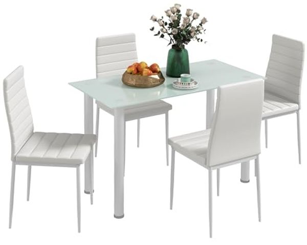 HOMCOM Essgruppe Esstisch mit 4 Stühlen, Küchentisch mit Hartglasplatte, (Esszimmermöbel, 5-tlg, Esstisch Set), für Küche, Esszimmer, Stahl, Weiß