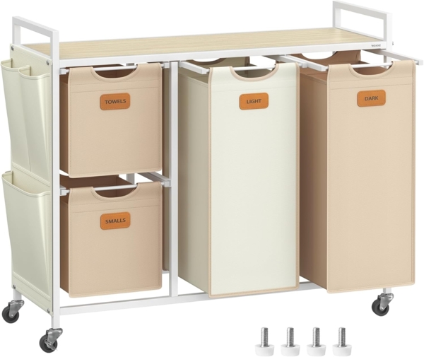 VASAGLE Wäschekorb 4 Fächer, Wäschesammler 150 L, Wäschesortierer, Rollen, Wäschewagen mit Ablage, Wäschesack, kleine seitliche Taschen, 6 Etiketten, naturbeige-kamelbraun-cremeweiß