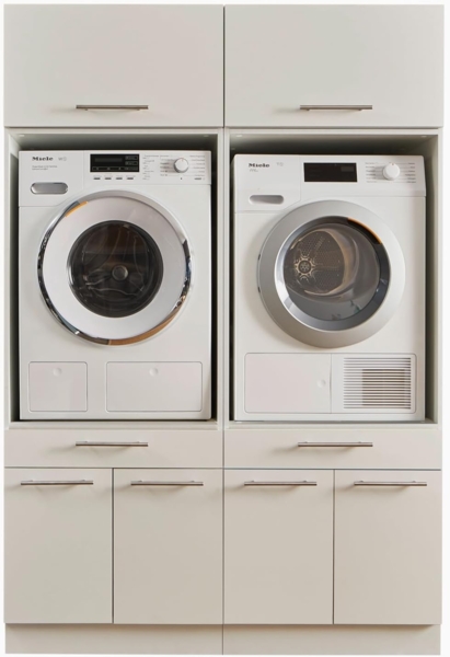 LAUNDREEZY 2x Waschmaschinenschrank mit 2x Schrankaufsatz, Weiß - Waschmaschinen-Überbauschrank TÜV-zertifiziert mit viel Stauraum - 135 x 200 x 67,5 cm (B/H/T)