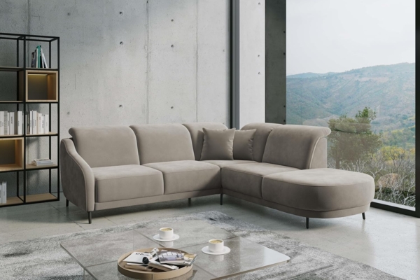 CAVADORE Ecksofa Blue/Eckcouch im modernen Design, inklusiv Kopfteilverstellung, Vorziehsitz motorisch, Klapptisch und mattschwarzen Metallfüßen / 258 x 93 x 249 / Mikrofaser, Hellgrau Bild 2