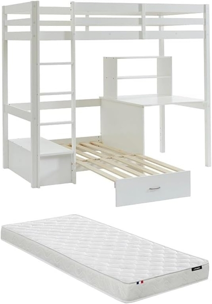 Vente-unique - Hochbett mit Schreibtisch, Schlafsofa & Stauraum + Matratze - 90 x 200 cm - massives Kiefernholz - Weiß - GOLIATH III