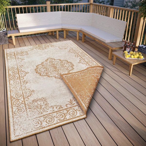 NORTHRUGS Cebu In- & Outdoor Wendeteppich - Flachgewebe, Orient Design, Vintage, ÖKO-TEX, Wetterfest & UV-beständig für Balkon, Terrasse, Garten - Ocker, 80x150 cm