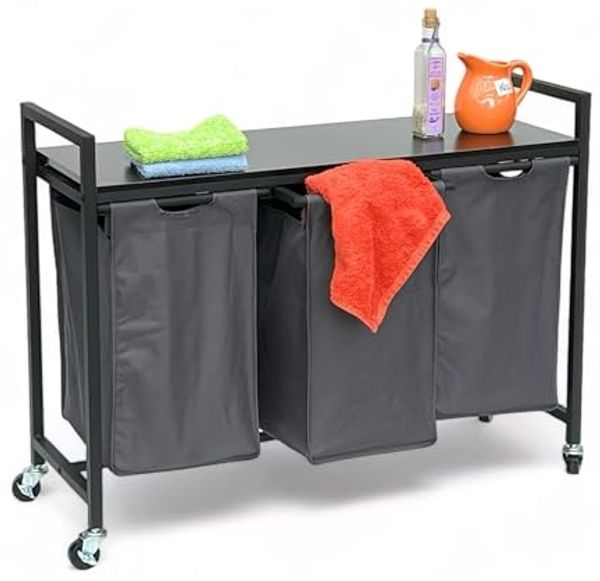 DanDiBo Wäschekorb 3 Fächer mit Ablage Schwarz Metall 96500 Wäschesammler Wäschewagen mit Rollen Wäschebox Wäschekorb Wäschesack Modern