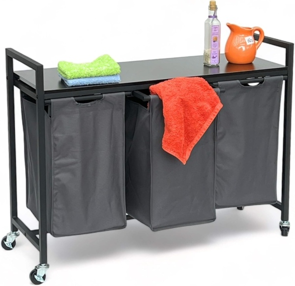 DanDiBo Wäschekorb 3 Fächer mit Ablage Schwarz Metall 96500 Wäschesammler Wäschewagen mit Rollen Wäschebox Wäschekorb Wäschesack Modern