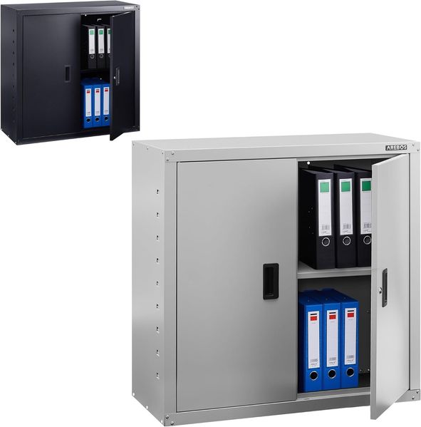 Arebos Aktenschrank Büroschrank Lagerschrank Materialschrank Stahlschrank | 4 Höhenverstellbare Einlegeböden | 180 x 90 x 40 cm | Rollen-Set grau