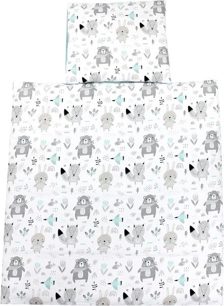 TupTam Unisex Baby Wiegenset 4-teilig Bettwäsche-Set: Bettdecke mit Bezug und Kopfkissen mit Bezug, Farbe: Bären/Füchse/Mint, Größe: 80x80 cm