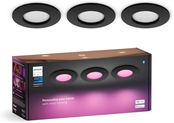 Philips Hue Smart Slim Einbauleuchte 3er-Pack, 90 mm, Weiß & Farbiges Licht, Bluetooth kompatibel, Sprachsteuerung mit Alexa, Apple Home & Google Assistant, schwarz