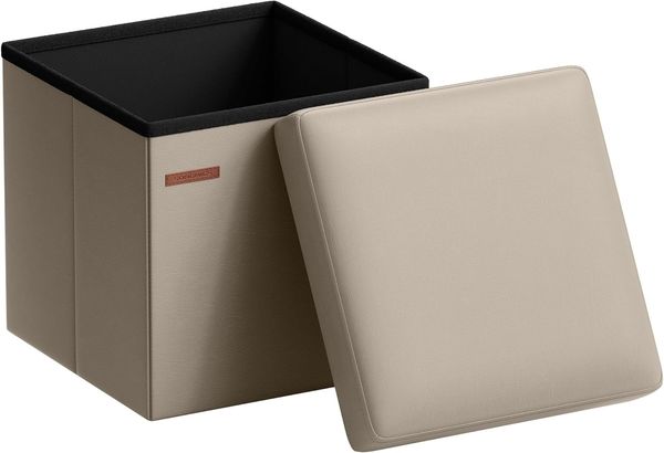 SONGMICS Sitzhocker 38 cm, Aufbewahrungsbox faltbar, Fußhocker mit Deckel, aus Kunstleder, bis 300 kg belastbar, für Eingang, Wohnzimmer, Schlafzimmer, Kamelbraun LSF010K03