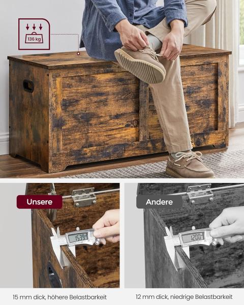Vasagle Schuhbank, Sitzbank mit Stauraum, Sitztruhe mit 2 Sicherheitsscharnieren, Aufbewahrungsschrank, Vintge-Stil, 40 x 100 x 46 cm, für Flur, Schlafzimmer, Wohnzimmer, vintagebraun SBL061T01 von Songmics Bild 6