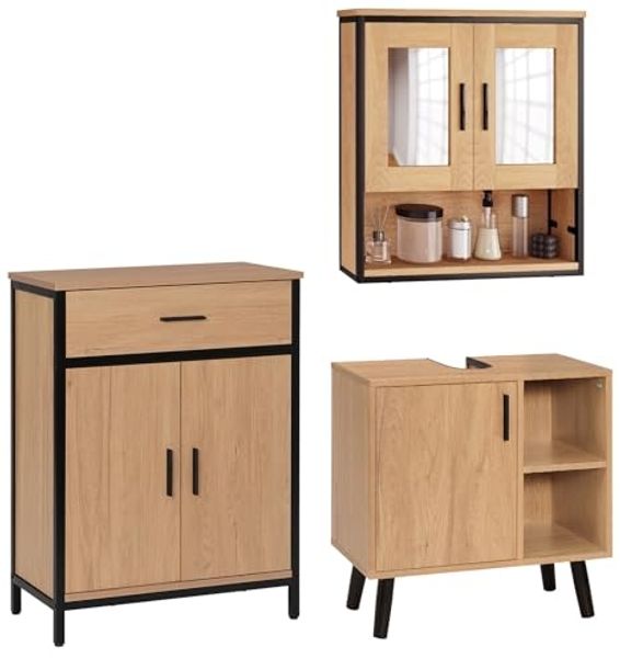 EUGAD Badmöbel-Set, (3-St), Unterschrank mit Tür, Badschrank mit 2 Spiegeln, kommode mit Regal