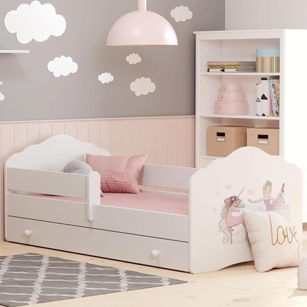 Kids Collective Kinderbett für Mädchen mit Matratze und Schublade & Lattenrost (70x140, 80x160 cm Jugendbett Einzelbett Komplettbett in weiß mit Pferd Motiv), Bett für Kinder Bett komplett Set Rausfallschutz Kinderbett 70x140 cm