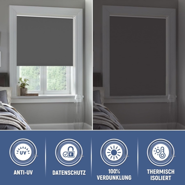Verdunklungsrollo Klemmfix Rollo ohne Bohren Dunkelgrau B70 x H170cm-Stoffbreite 65cm Fenster Verdunkelung Jalousie Jalousien Sonnenschutz Fenster innen ohne Bohren Bild 4