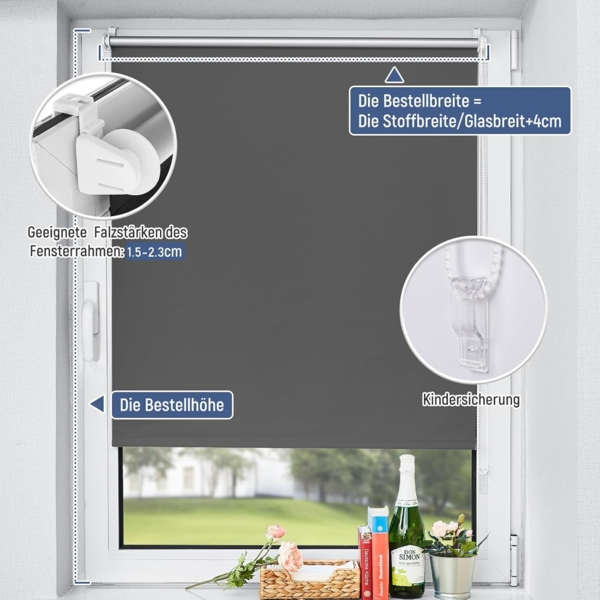 Verdunklungsrollo Klemmfix Rollo ohne Bohren Dunkelgrau B70 x H170cm-Stoffbreite 65cm Fenster Verdunkelung Jalousie Jalousien Sonnenschutz Fenster innen ohne Bohren Bild 5