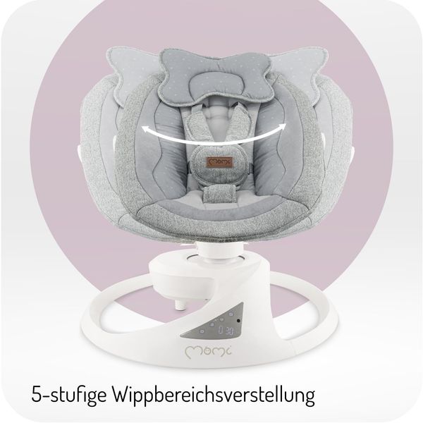 MoMi Babywippe PEARL für Babys bis 9 kg, 360° drehbarer Sitz, LED-Panel, Bluetooth, Fernbedienung, Batterie- oder Netzbetrieb, Netzteil mit USB-Kabel, 5-Punkt-Sicherheitsgurt, Bügel und Spielzeug Bild 2