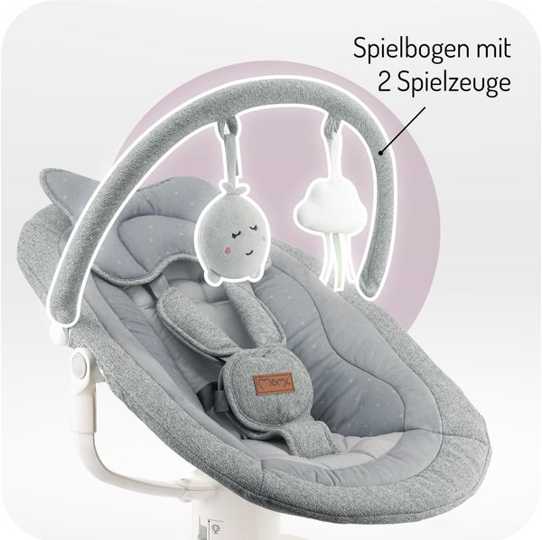MoMi Babywippe PEARL für Babys bis 9 kg, 360° drehbarer Sitz, LED-Panel, Bluetooth, Fernbedienung, Batterie- oder Netzbetrieb, Netzteil mit USB-Kabel, 5-Punkt-Sicherheitsgurt, Bügel und Spielzeug Bild 6