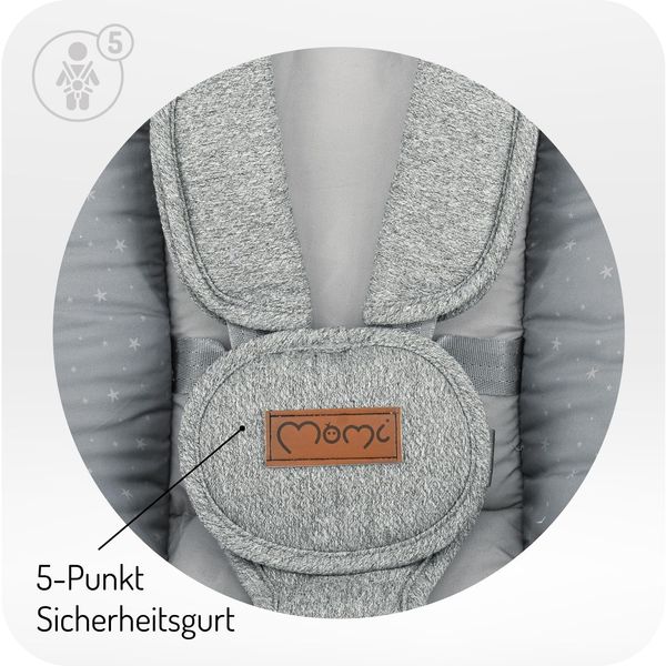 MoMi Babywippe PEARL für Babys bis 9 kg, 360° drehbarer Sitz, LED-Panel, Bluetooth, Fernbedienung, Batterie- oder Netzbetrieb, Netzteil mit USB-Kabel, 5-Punkt-Sicherheitsgurt, Bügel und Spielzeug Bild 4