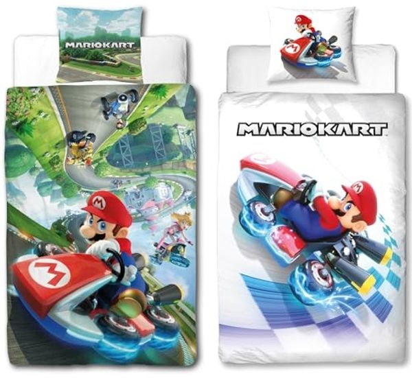 BERONAGE Wendebettwäsche Super Mario Kart Combo Bettwäsche Linon / Renforcé, reine Baumwolle, 2 teilig, 135x200 + 80x80 cm