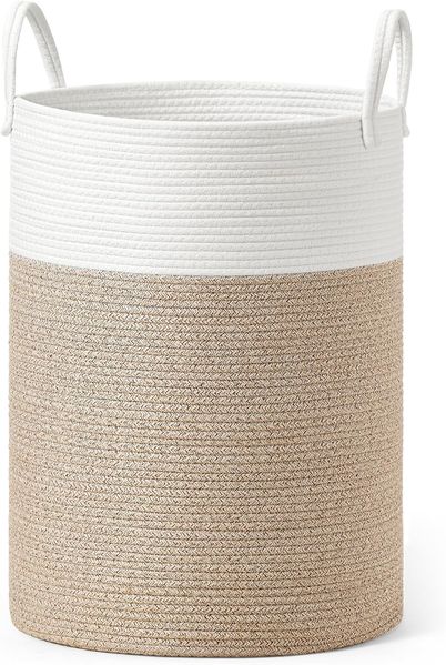 SONGMICS Wäschekorb, 80 L Wäschesammler für Kinder, Baumwollseil, mit Henkel, für Kinderzimmer, weiß-graubraun