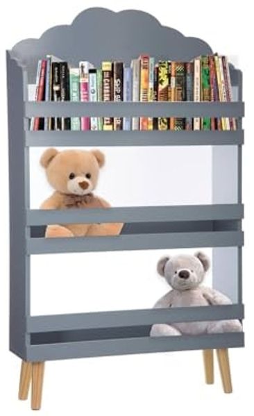 Avilia Bücherregal Wolke für Kinder, 3 Ablagen aus Holz, Grau, platzsparend, 58 x 100 x 18 cm
