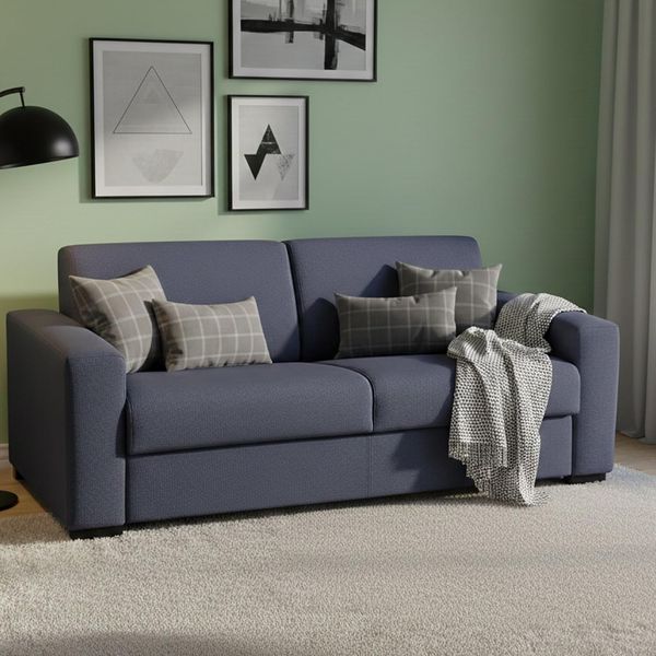 Talamo Italia Schlafsofa Elisabetta 2-Sitzer Sofa Wohnzimmer Made in Italy Drehöffnung mit Matratze und Lattenrost inklusive, gepolstertem Stoff, mit Slim-Armlehnen, 160 x 95 x 90 cm, Blau