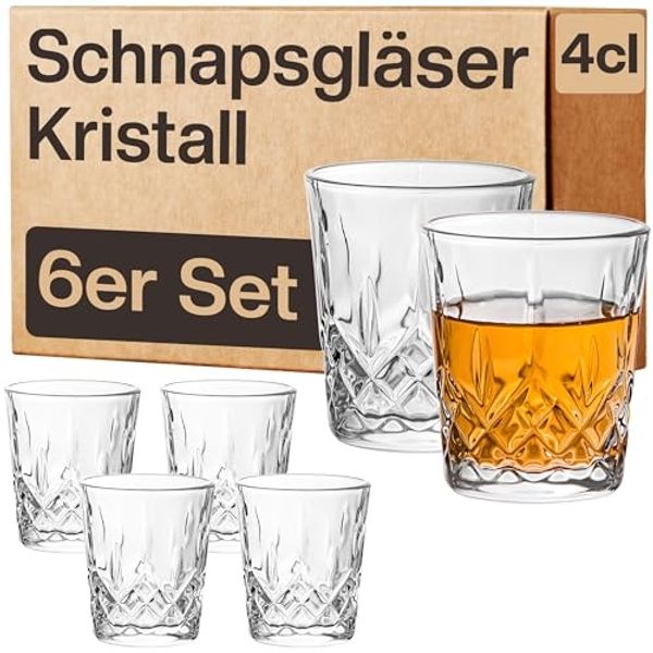 Praknu Schnapsglas 6 Schnapsgläser Kristall 4cl Whiskygläser Set, Kristallglas, Spülmaschinenfest - Standfest dank dickem Boden - Vintage Design