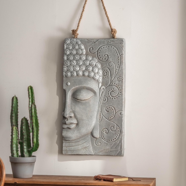 K&L Wall Art Wanddekoobjekt Buddha Wandskulptur Steinoptik asiatische Feng Shui Deko 3D Wandfigur (Buddha Wandbild), mit Seilaufhängung