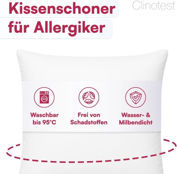Clinotest Kissenbezug Wasser- und Milbendicht, (2 Stück), Kissenschoner hypoallergen & atmungsaktiv, PU-Bezug waschbar bei 90°C Bild 2
