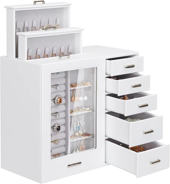 Yorbay Schmuckkasten Groß mit 8 Schubladen, Schmuckkoffer mit Glasfenster für Damen, Schmuckschatulle für Halsketten, Ringe, Armbänder, Ohrringe