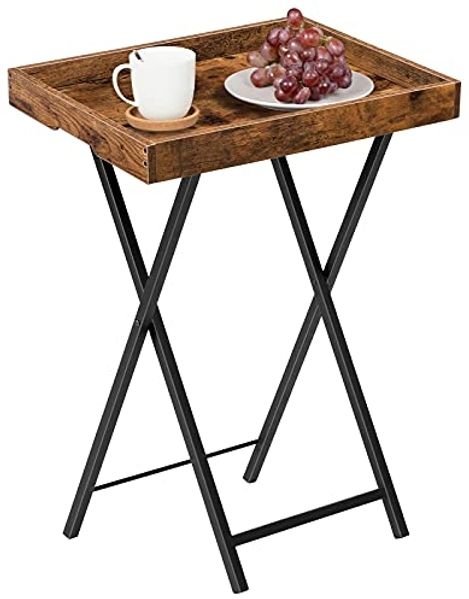 HOOBRO Beistelltisch mit Tablett, klappbarer Sofa-Beistelltisch mit abnehmbarem Holztablett, Vintage-Couchtisch mit Stahlrahmenkonstruktion, moderner Industriestil, Dunkelbraun EBF29BZ01